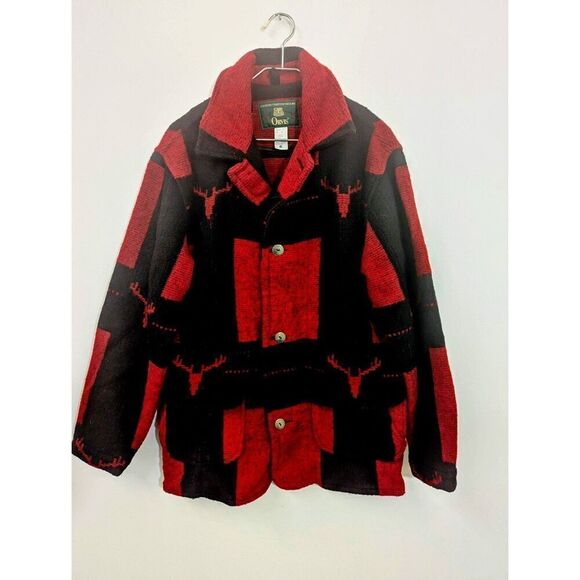 Mens Vtg Orvis Mackinaw Wool Coat Jacket Red Black Buffalo Plaid Southwest Small - Picture 1 of 13